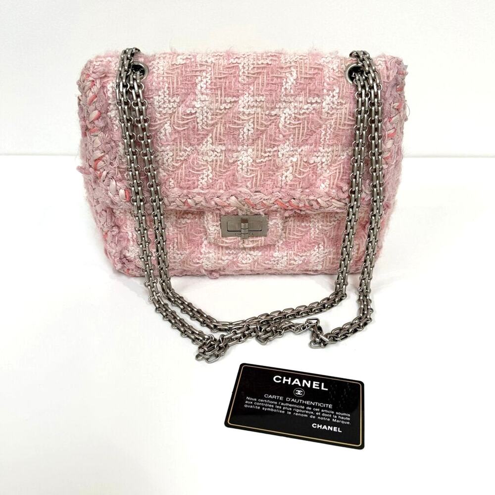 CHANEL Mini Pink Tweed Reissue 2.55 Crossbody Flap Handbag Silver Chain Small